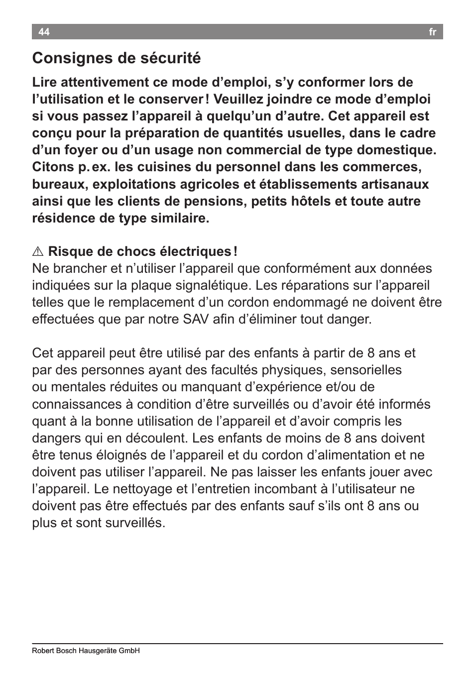 Consignes de sécurité | Bosch TES50651DE VeroCafe LattePro Kaffeevollautomat Helles Anthrazit Morning Haze User Manual | Page 48 / 94