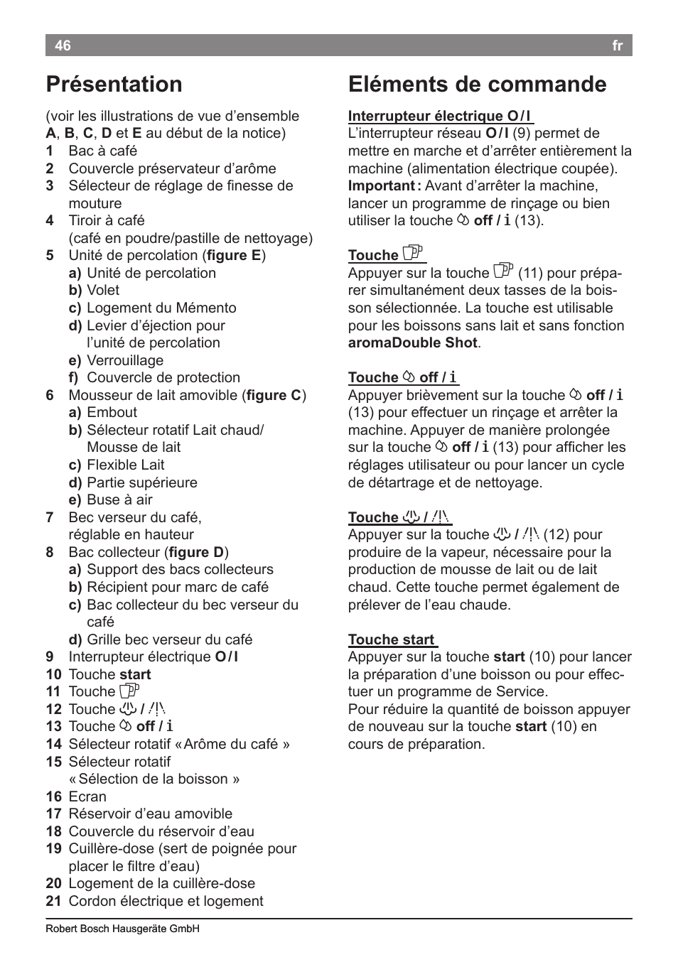 Eléments de commande, Présentation | Bosch TES50651DE VeroCafe LattePro Kaffeevollautomat Helles Anthrazit Morning Haze User Manual | Page 50 / 94