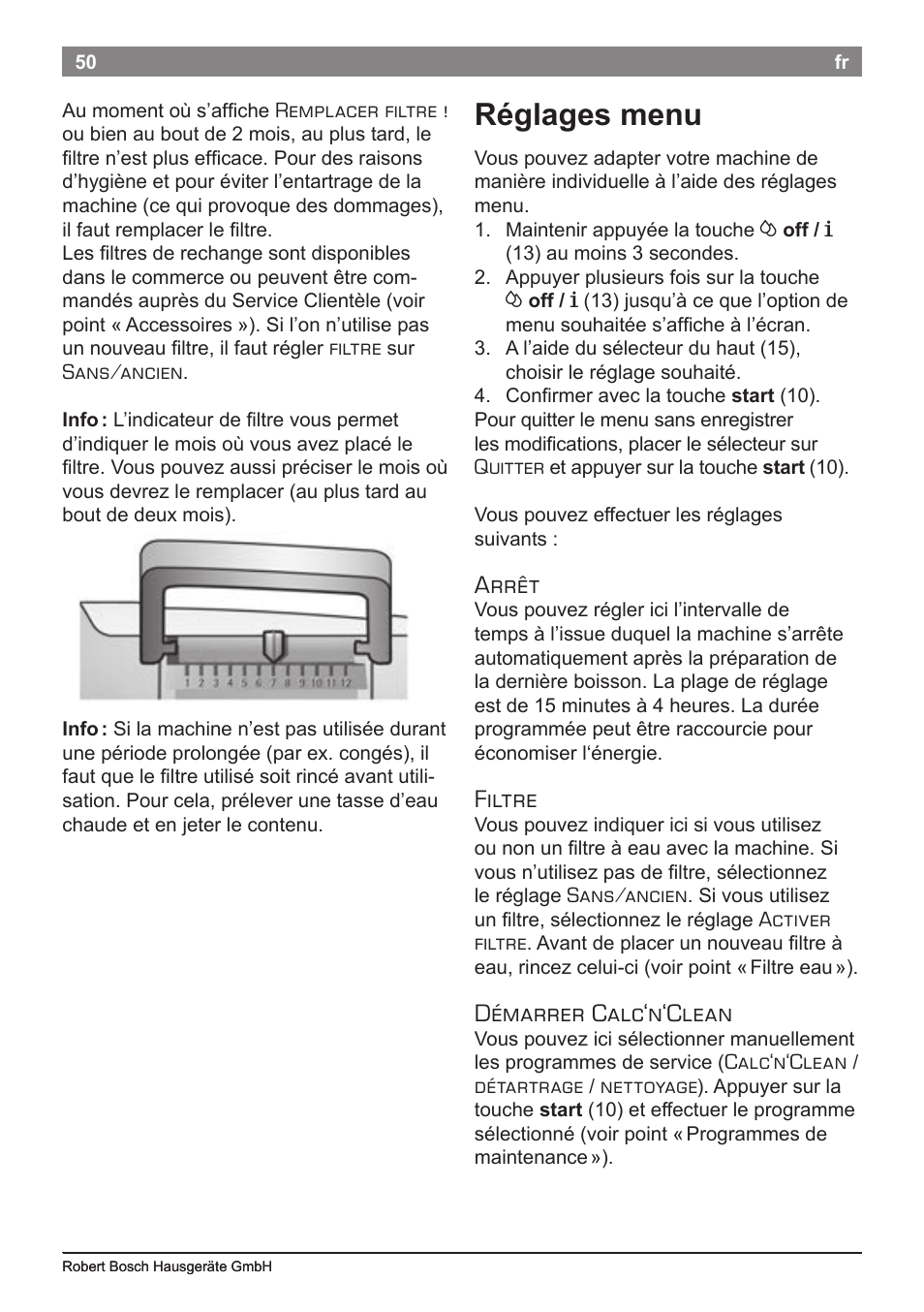 Réglages menu, Arrêt, Filtre | Démarrer calc‘n‘clean | Bosch TES50651DE VeroCafe LattePro Kaffeevollautomat Helles Anthrazit Morning Haze User Manual | Page 54 / 94