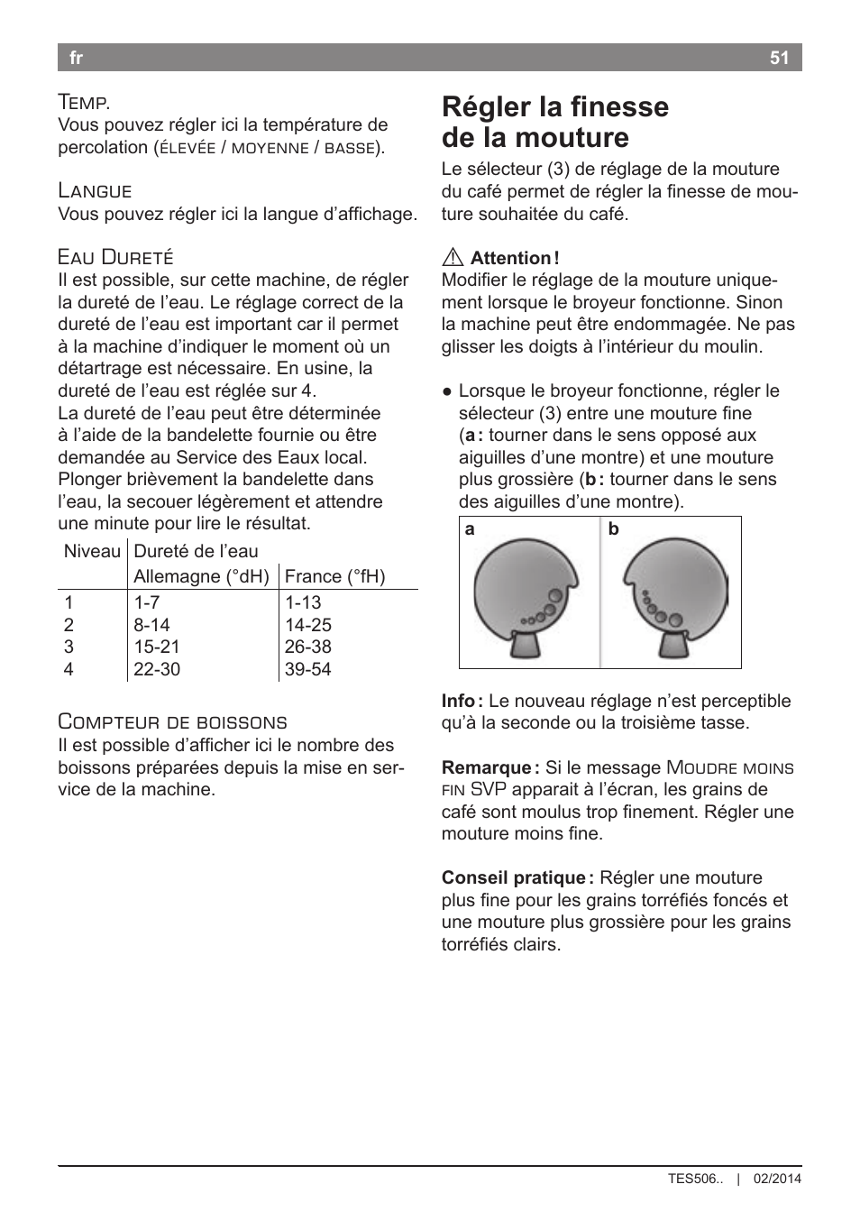 Régler la finesse de la mouture, Temp, Langue | Eau dureté, Compteur de boissons | Bosch TES50651DE VeroCafe LattePro Kaffeevollautomat Helles Anthrazit Morning Haze User Manual | Page 55 / 94