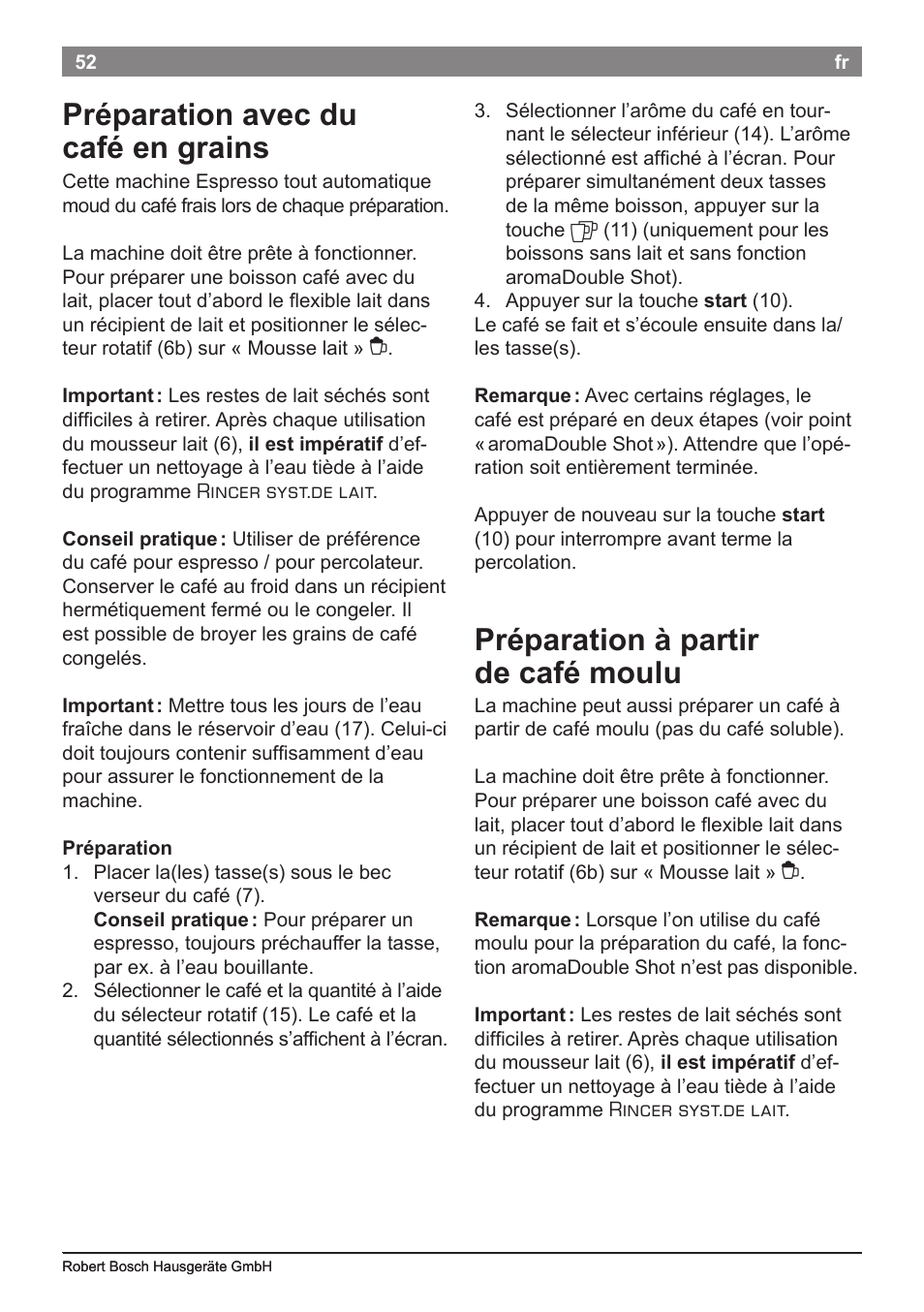 Préparation avec du café en grains, Préparation à partir de café moulu | Bosch TES50651DE VeroCafe LattePro Kaffeevollautomat Helles Anthrazit Morning Haze User Manual | Page 56 / 94