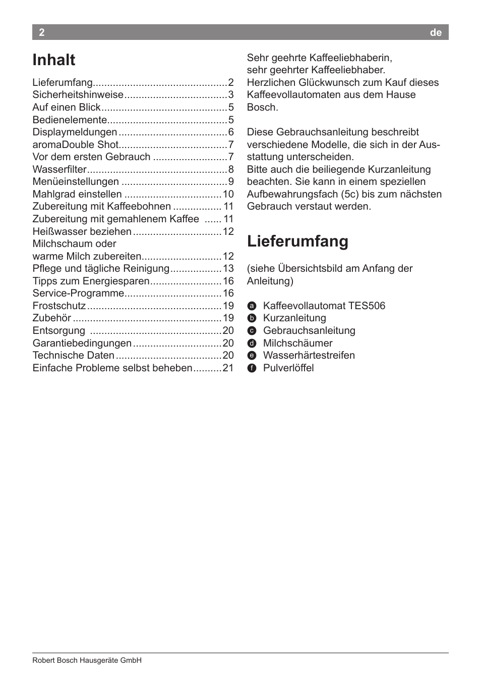 Lieferumfang, Inhalt | Bosch TES50651DE VeroCafe LattePro Kaffeevollautomat Helles Anthrazit Morning Haze User Manual | Page 6 / 94