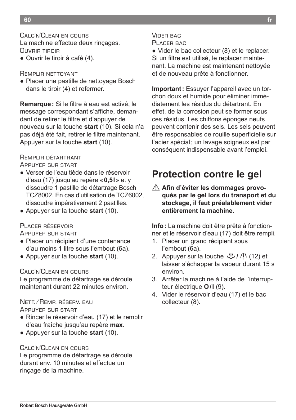 Protection contre le gel | Bosch TES50651DE VeroCafe LattePro Kaffeevollautomat Helles Anthrazit Morning Haze User Manual | Page 64 / 94