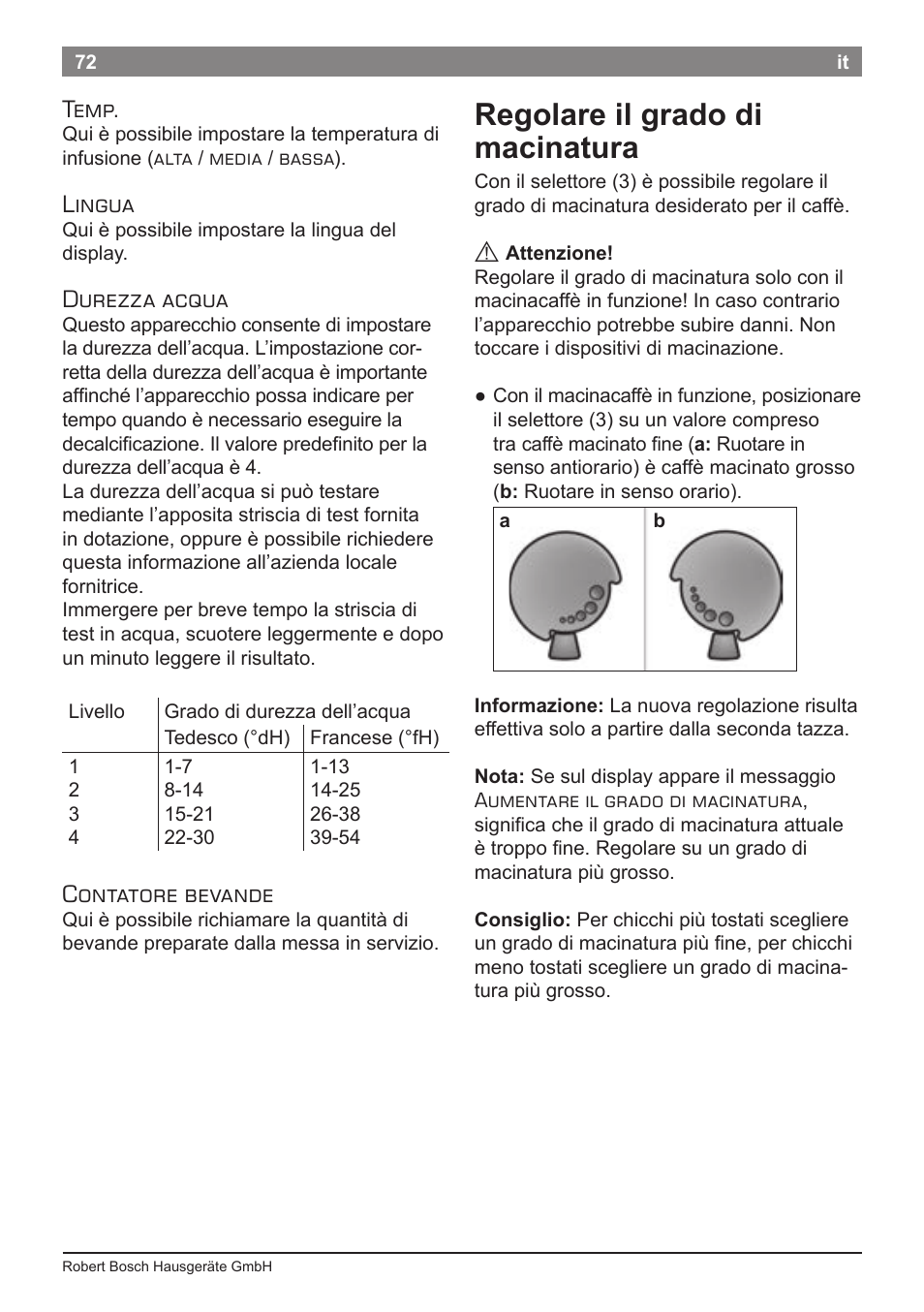 Regolare il grado di macinatura, Temp, Lingua | Durezza acqua, Contatore bevande | Bosch TES50651DE VeroCafe LattePro Kaffeevollautomat Helles Anthrazit Morning Haze User Manual | Page 76 / 94