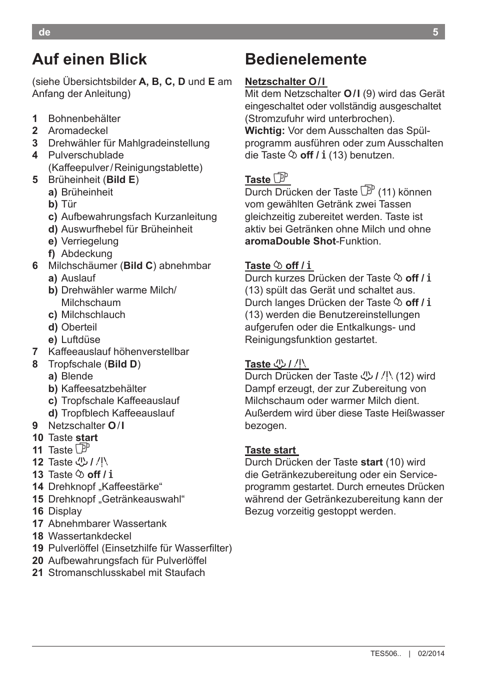 Bedienelemente, Auf einen blick | Bosch TES50651DE VeroCafe LattePro Kaffeevollautomat Helles Anthrazit Morning Haze User Manual | Page 9 / 94