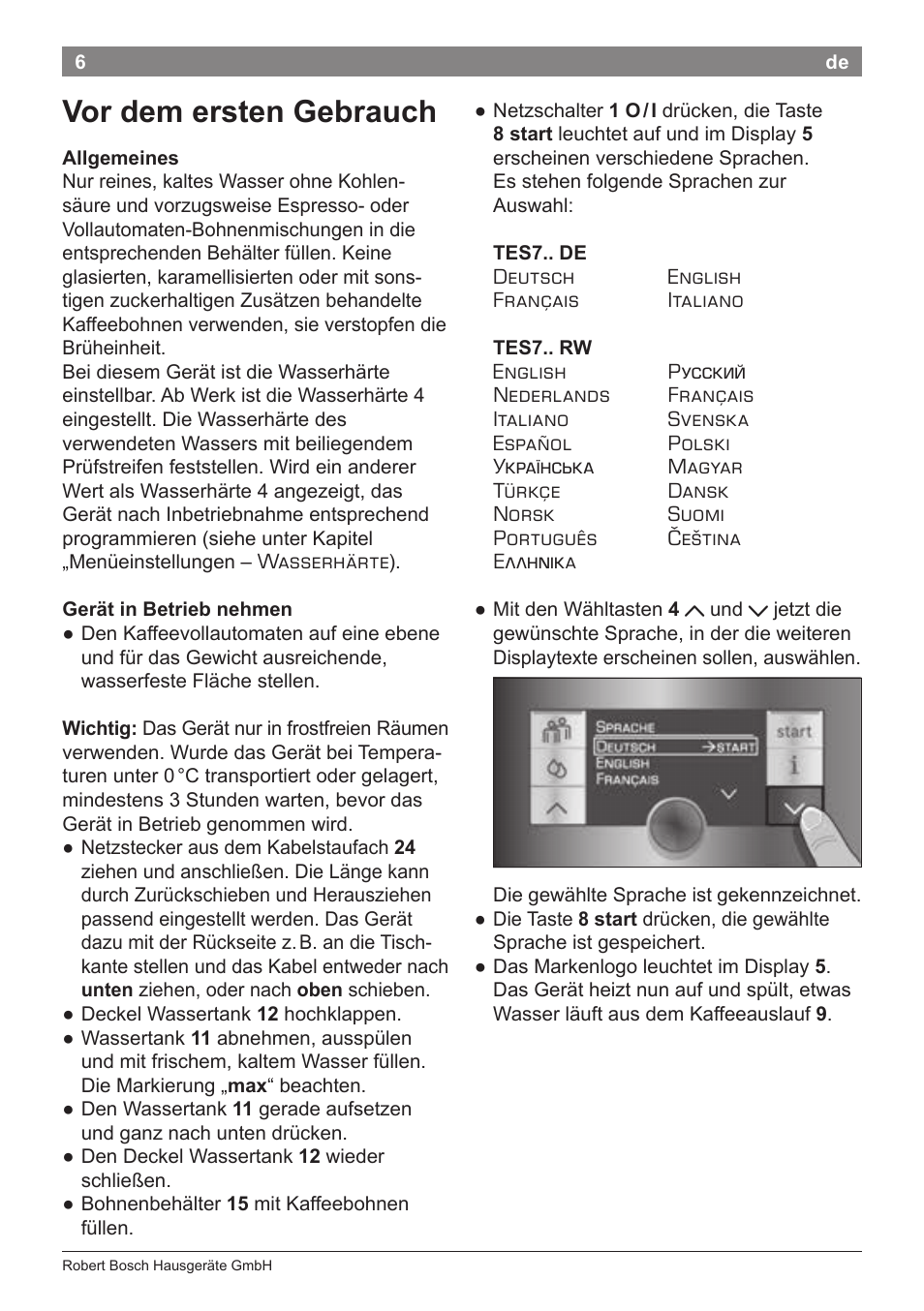 Vor dem ersten gebrauch | Bosch TES71251DE VeroBar AromaPro 100 Kaffeevollautomat silber User Manual | Page 10 / 116