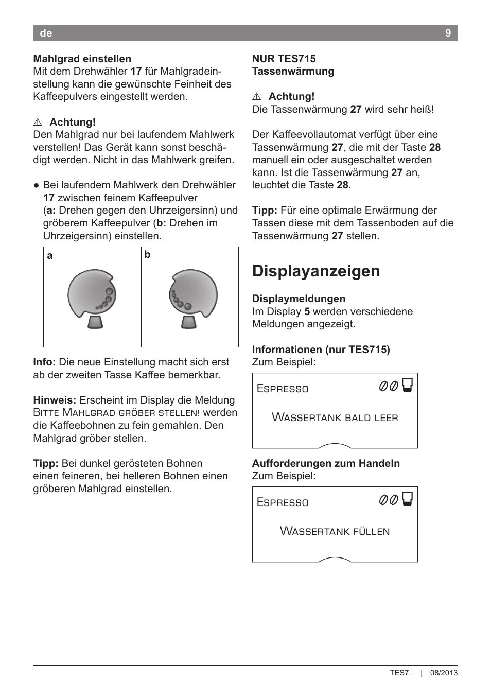 Displayanzeigen | Bosch TES71251DE VeroBar AromaPro 100 Kaffeevollautomat silber User Manual | Page 13 / 116