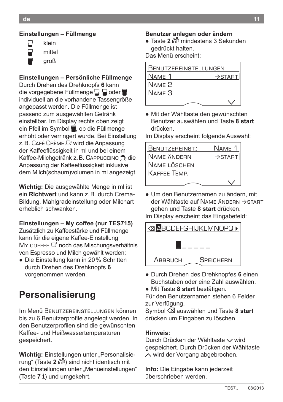 Personalisierung | Bosch TES71251DE VeroBar AromaPro 100 Kaffeevollautomat silber User Manual | Page 15 / 116