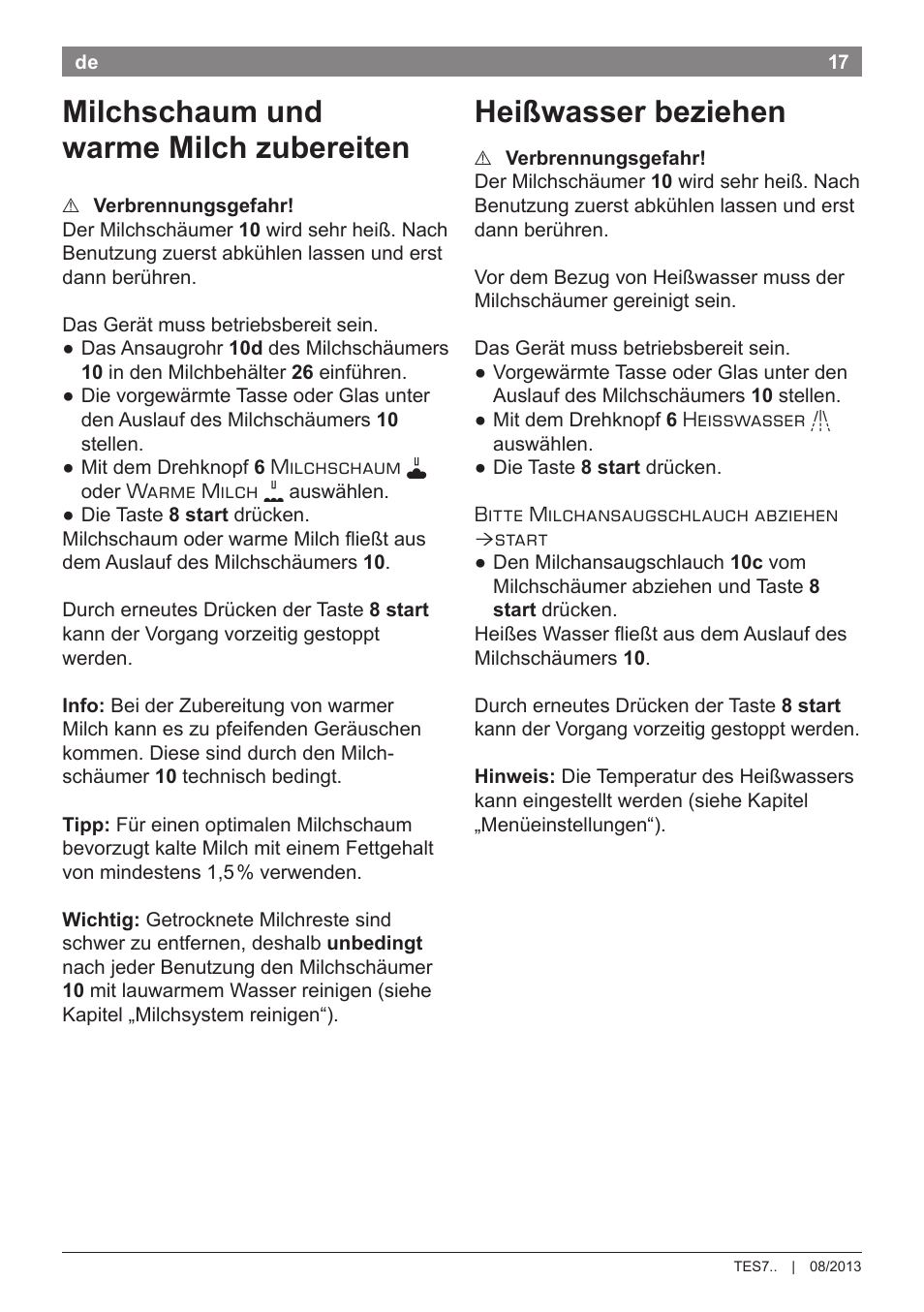Milchschaum und warme milch zubereiten, Heißwasser beziehen | Bosch TES71251DE VeroBar AromaPro 100 Kaffeevollautomat silber User Manual | Page 21 / 116