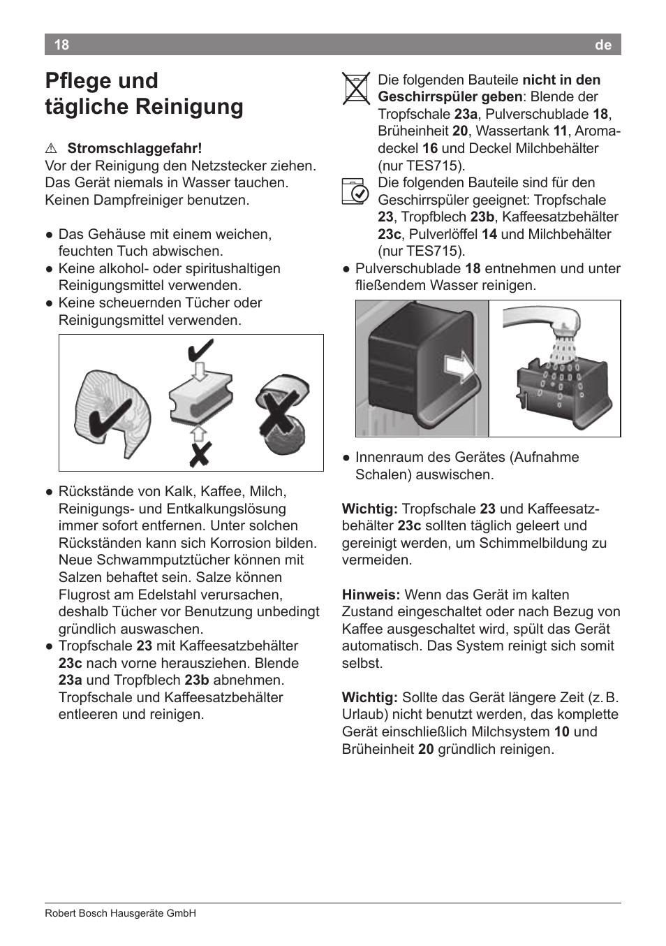 Pflege und tägliche reinigung | Bosch TES71251DE VeroBar AromaPro 100 Kaffeevollautomat silber User Manual | Page 22 / 116