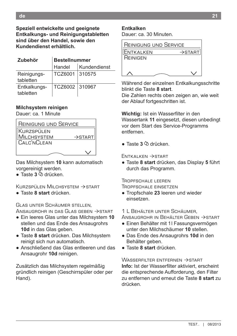 Reinigung und service kurzspülen milchsystem, Start calc‘nclean, Reinigung und service entkalken | Start reinigen | Bosch TES71251DE VeroBar AromaPro 100 Kaffeevollautomat silber User Manual | Page 25 / 116
