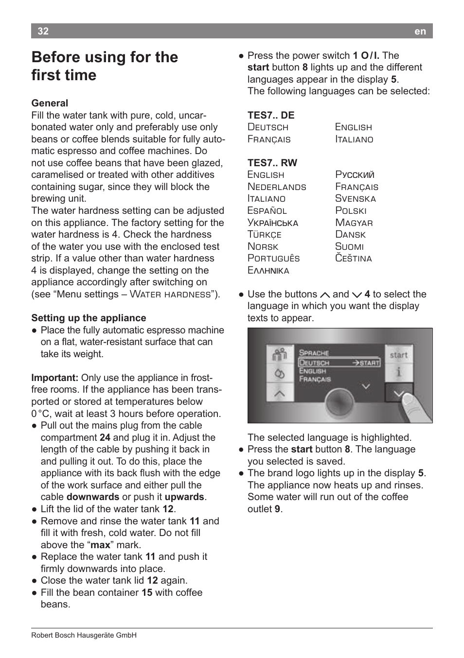 Before using for the first time | Bosch TES71251DE VeroBar AromaPro 100 Kaffeevollautomat silber User Manual | Page 36 / 116
