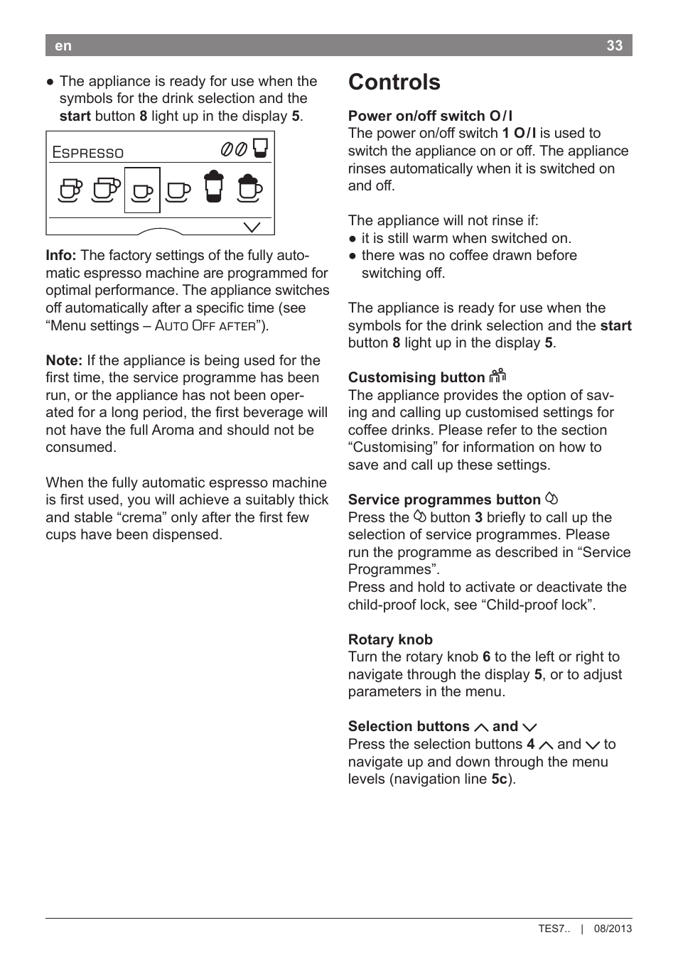 Controls | Bosch TES71251DE VeroBar AromaPro 100 Kaffeevollautomat silber User Manual | Page 37 / 116
