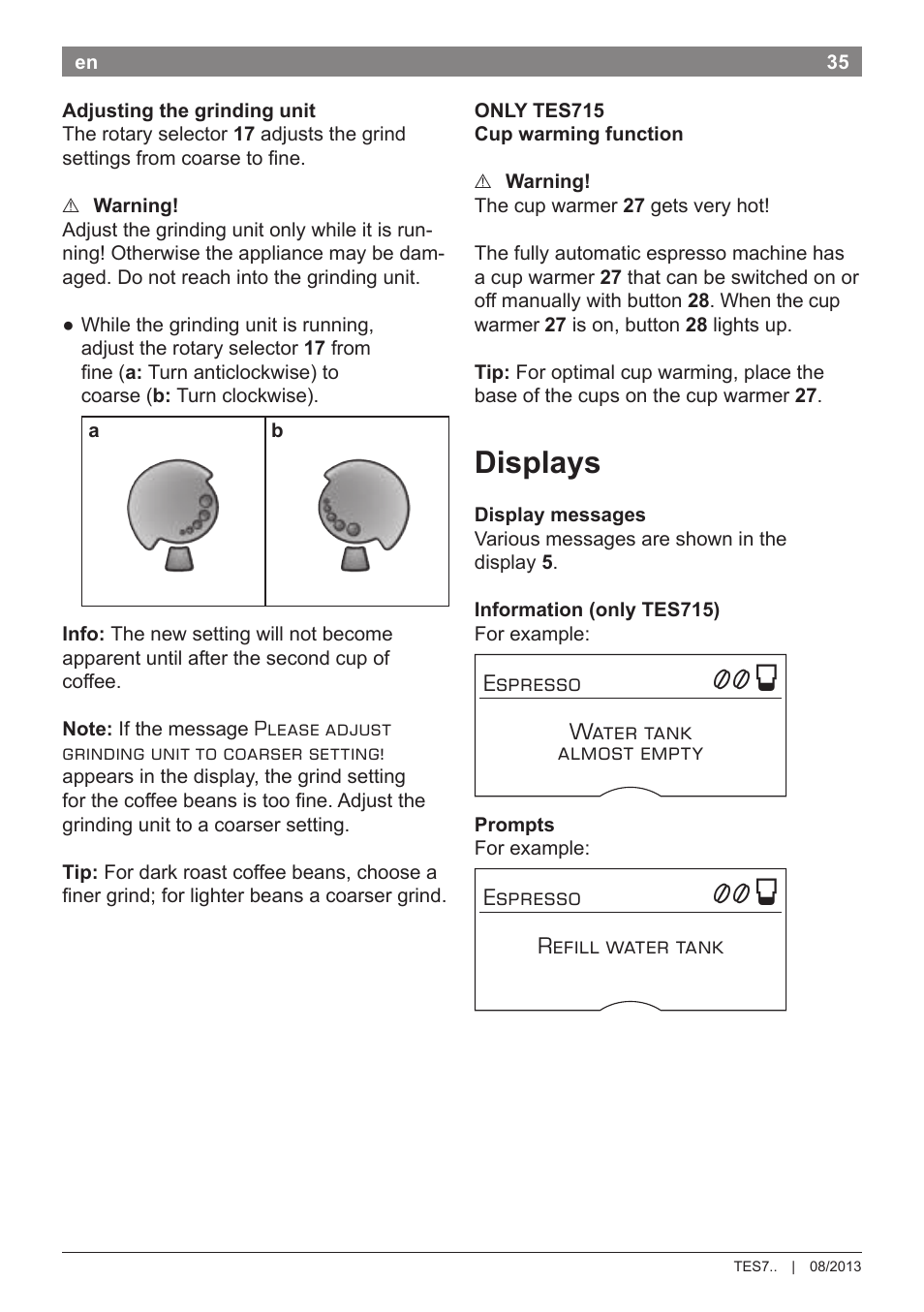 Displays | Bosch TES71251DE VeroBar AromaPro 100 Kaffeevollautomat silber User Manual | Page 39 / 116