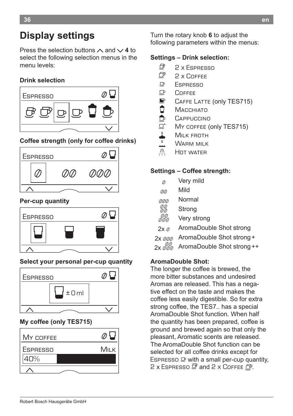 Но р т, Display settings | Bosch TES71251DE VeroBar AromaPro 100 Kaffeevollautomat silber User Manual | Page 40 / 116