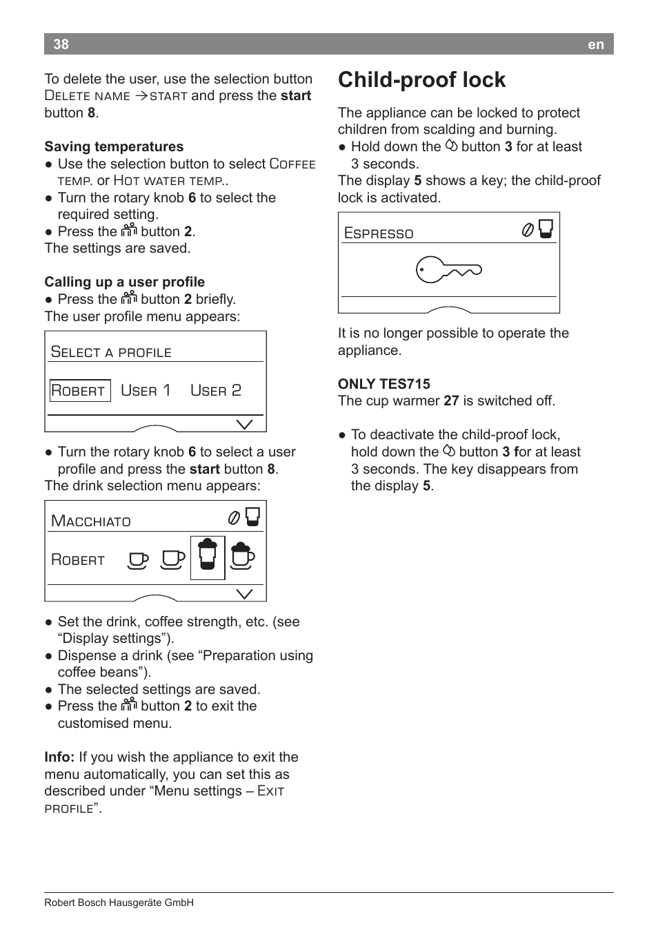А б е ж, Child-proof lock | Bosch TES71251DE VeroBar AromaPro 100 Kaffeevollautomat silber User Manual | Page 42 / 116