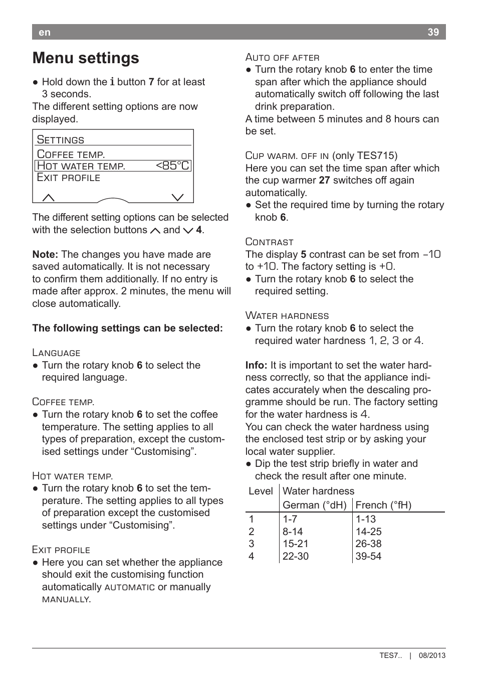 Menu settings | Bosch TES71251DE VeroBar AromaPro 100 Kaffeevollautomat silber User Manual | Page 43 / 116
