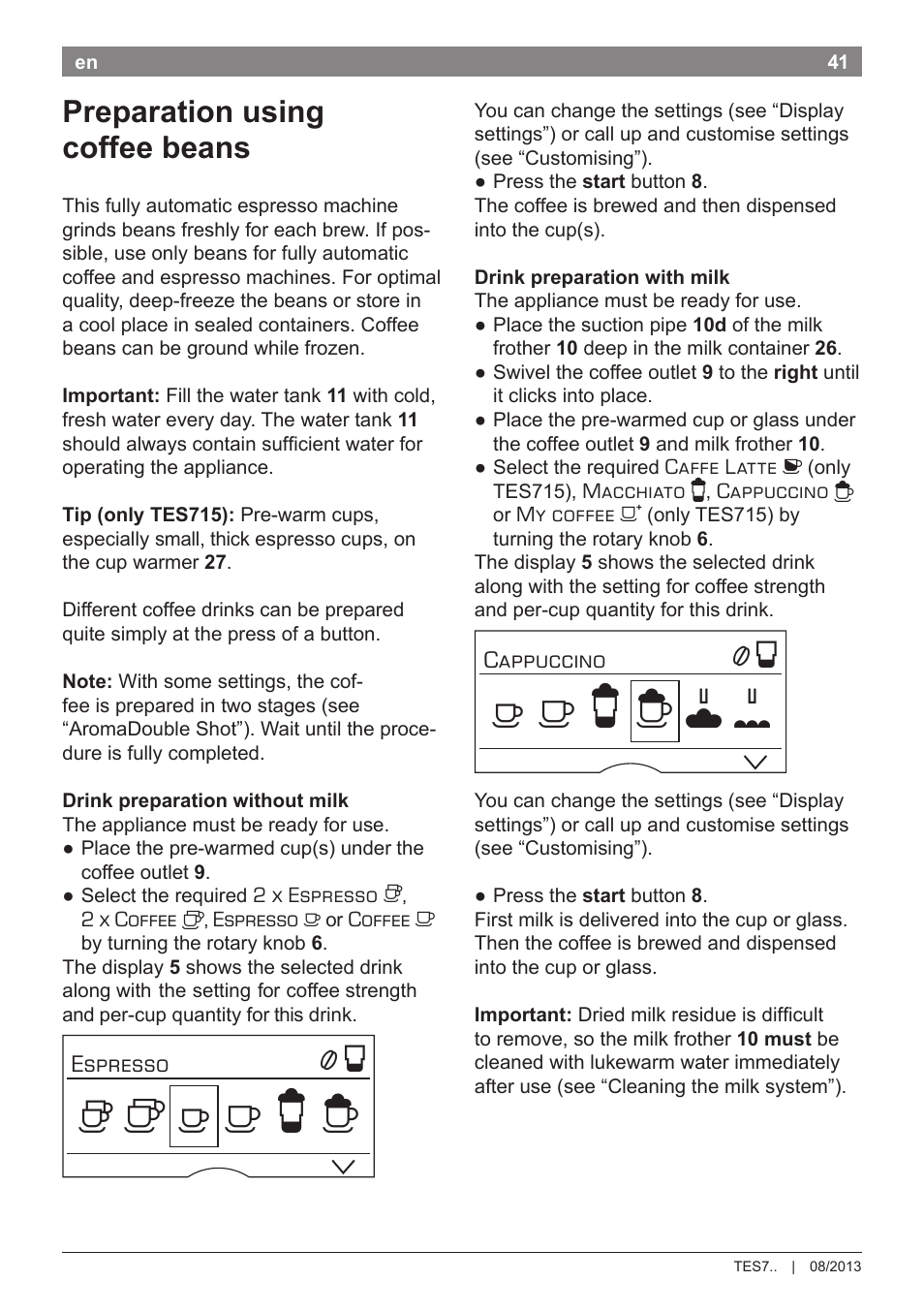 Preparation using coffee beans | Bosch TES71251DE VeroBar AromaPro 100 Kaffeevollautomat silber User Manual | Page 45 / 116