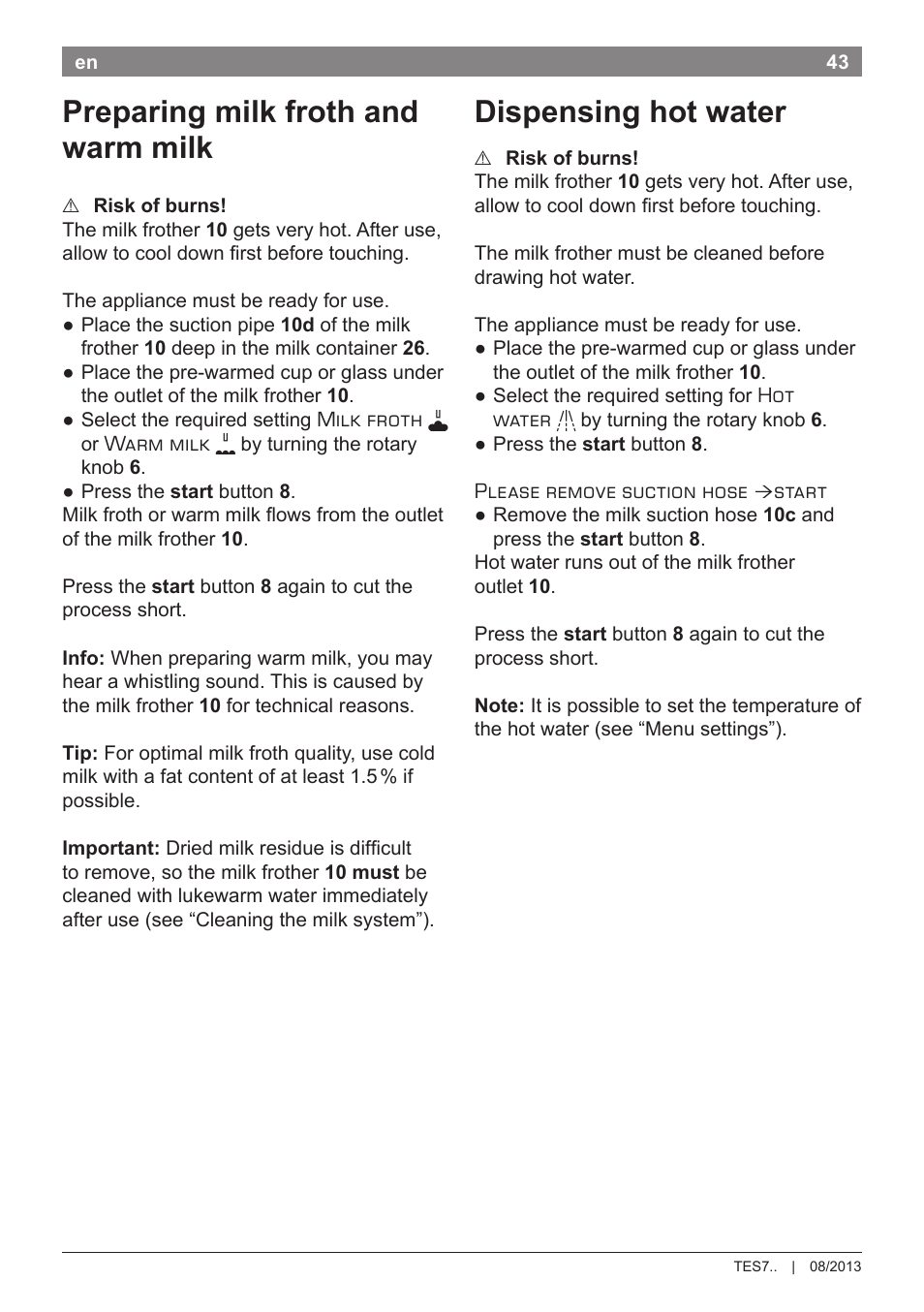 Preparing milk froth and warm milk, Dispensing hot water | Bosch TES71251DE VeroBar AromaPro 100 Kaffeevollautomat silber User Manual | Page 47 / 116