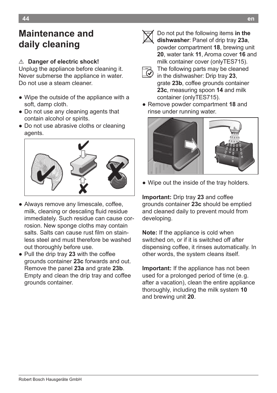 Maintenance and daily cleaning | Bosch TES71251DE VeroBar AromaPro 100 Kaffeevollautomat silber User Manual | Page 48 / 116