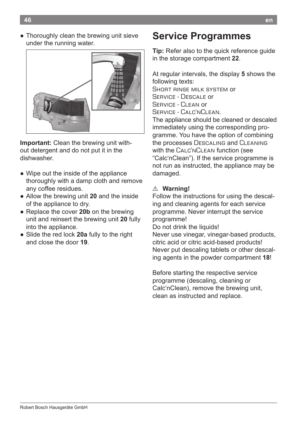Service programmes | Bosch TES71251DE VeroBar AromaPro 100 Kaffeevollautomat silber User Manual | Page 50 / 116