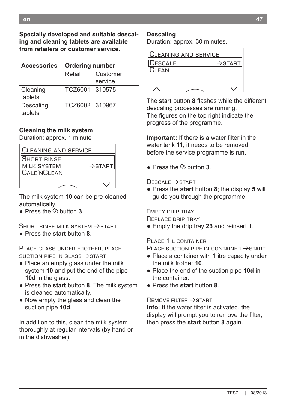 Cleaning and service short rinse milk system, Start calc‘nclean, Cleaning and service descale | Start clean | Bosch TES71251DE VeroBar AromaPro 100 Kaffeevollautomat silber User Manual | Page 51 / 116