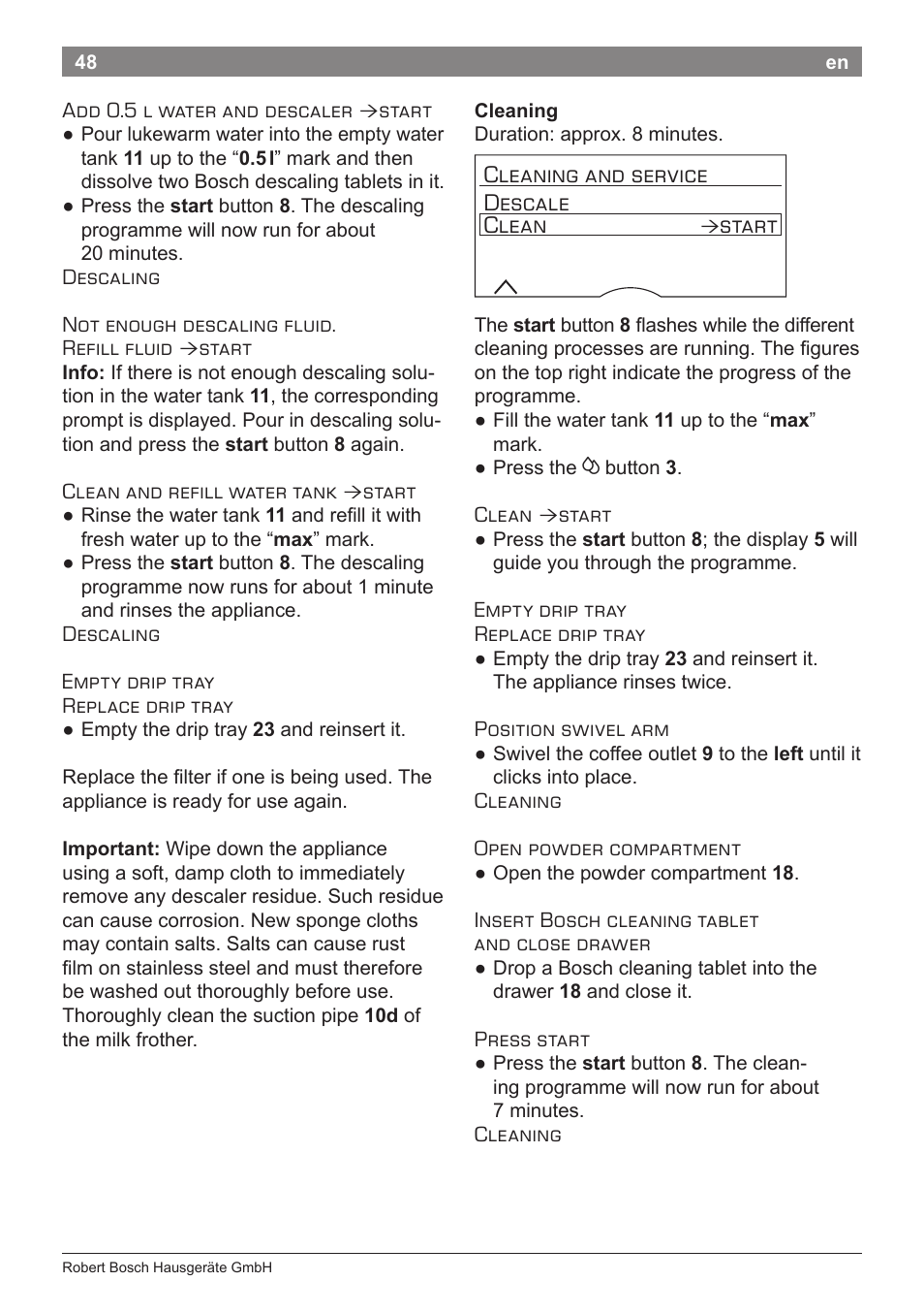 Cleaning and service descale clean, Start | Bosch TES71251DE VeroBar AromaPro 100 Kaffeevollautomat silber User Manual | Page 52 / 116