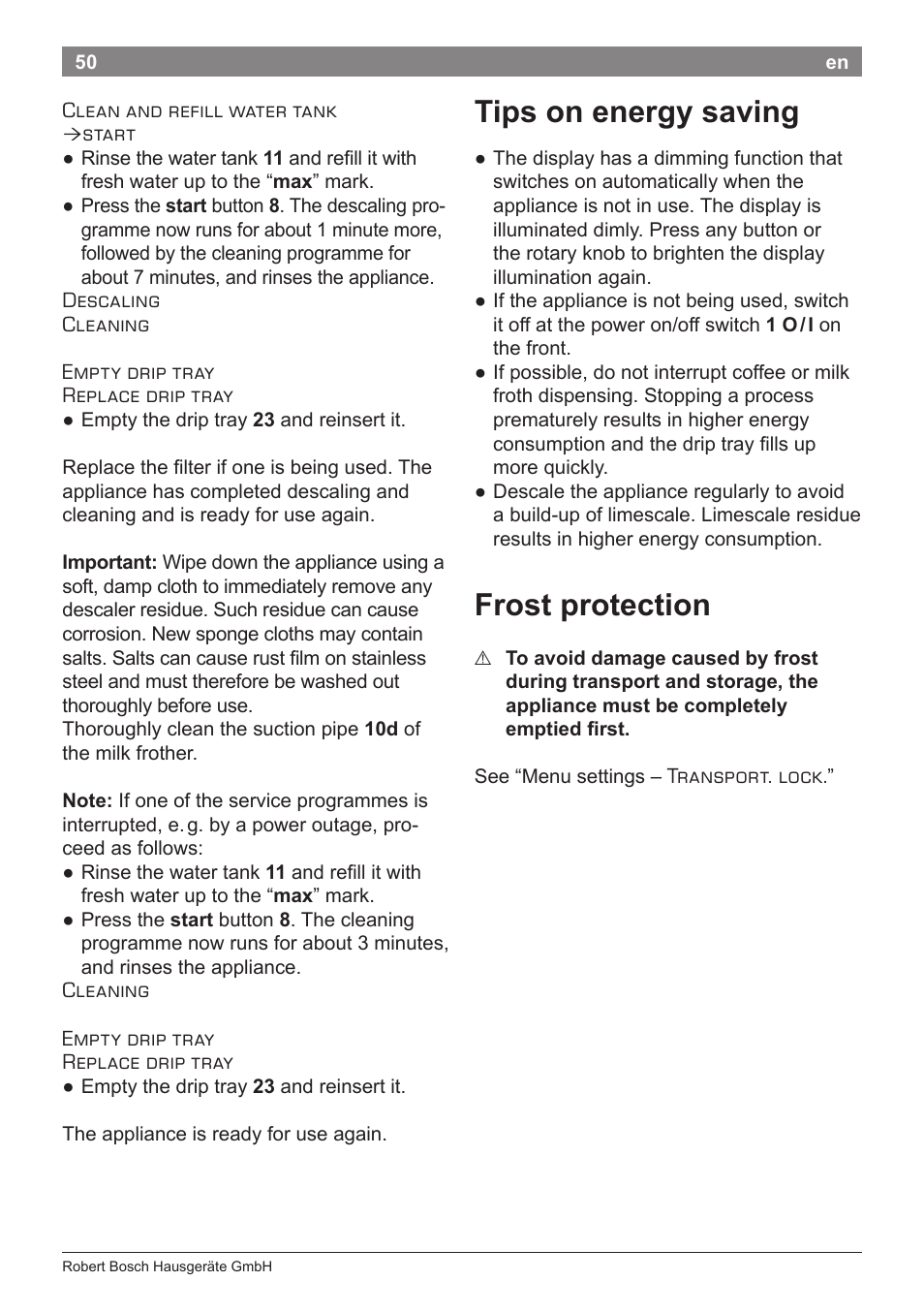 Tips on energy saving, Frost protection | Bosch TES71251DE VeroBar AromaPro 100 Kaffeevollautomat silber User Manual | Page 54 / 116