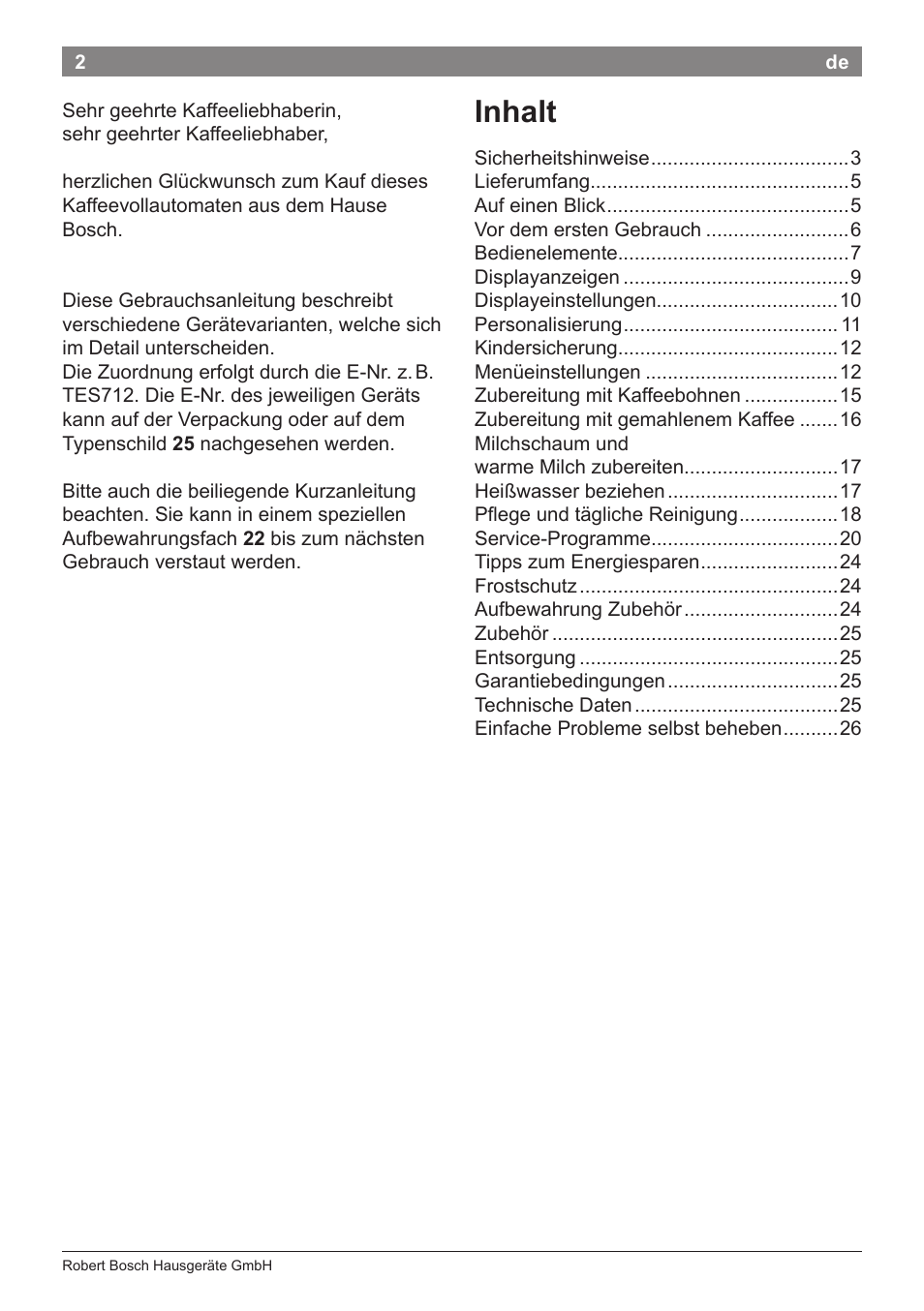 Inhalt | Bosch TES71251DE VeroBar AromaPro 100 Kaffeevollautomat silber User Manual | Page 6 / 116