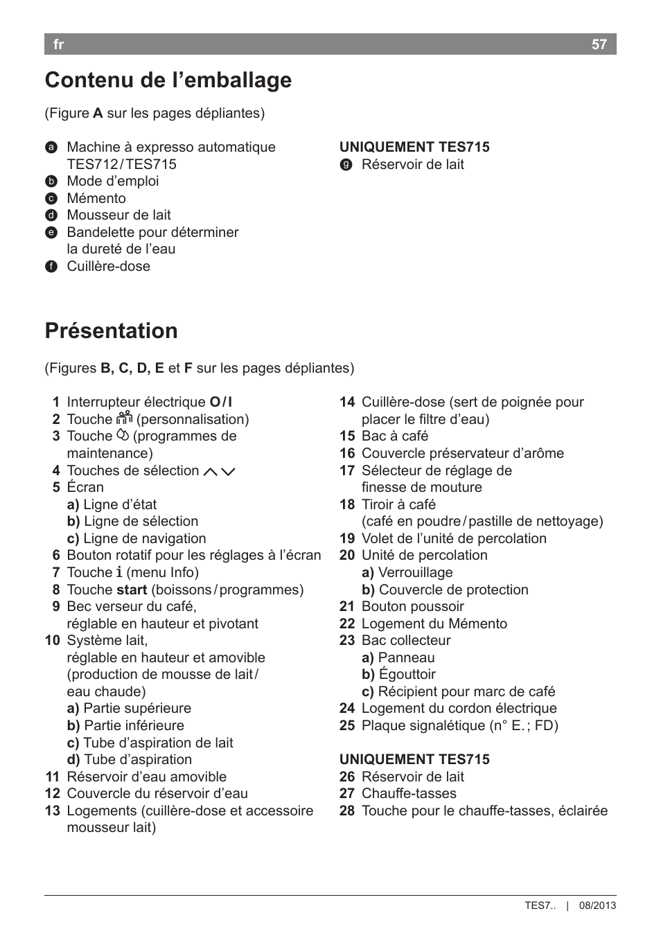 Présentation, Contenu de l’emballage | Bosch TES71251DE VeroBar AromaPro 100 Kaffeevollautomat silber User Manual | Page 61 / 116