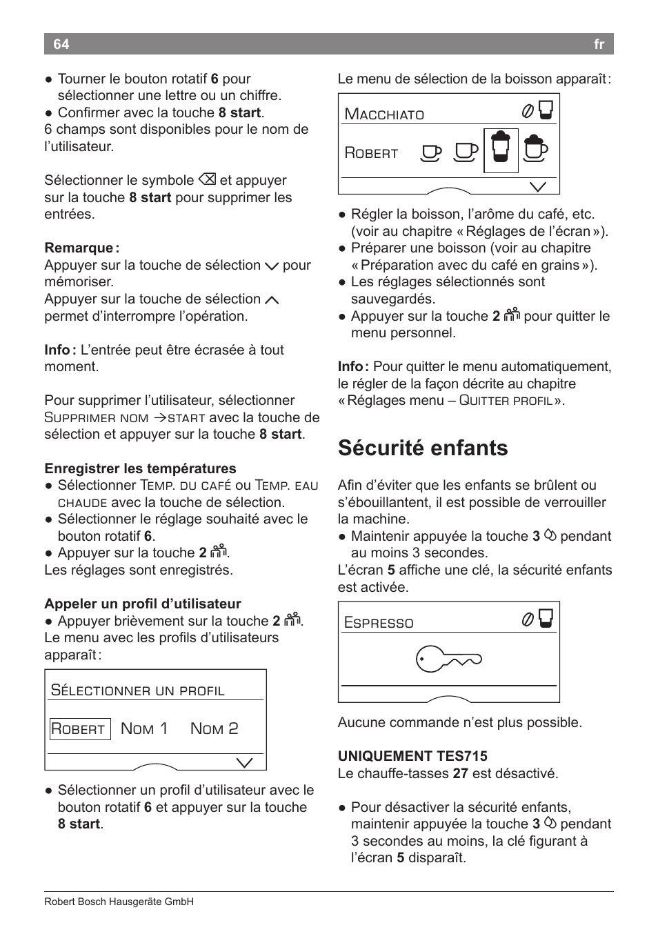 А б е ж, Sécurité enfants | Bosch TES71251DE VeroBar AromaPro 100 Kaffeevollautomat silber User Manual | Page 68 / 116