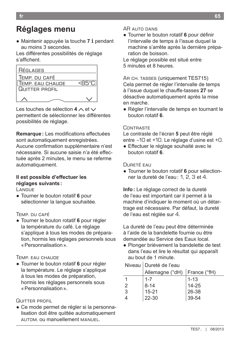 Réglages menu | Bosch TES71251DE VeroBar AromaPro 100 Kaffeevollautomat silber User Manual | Page 69 / 116