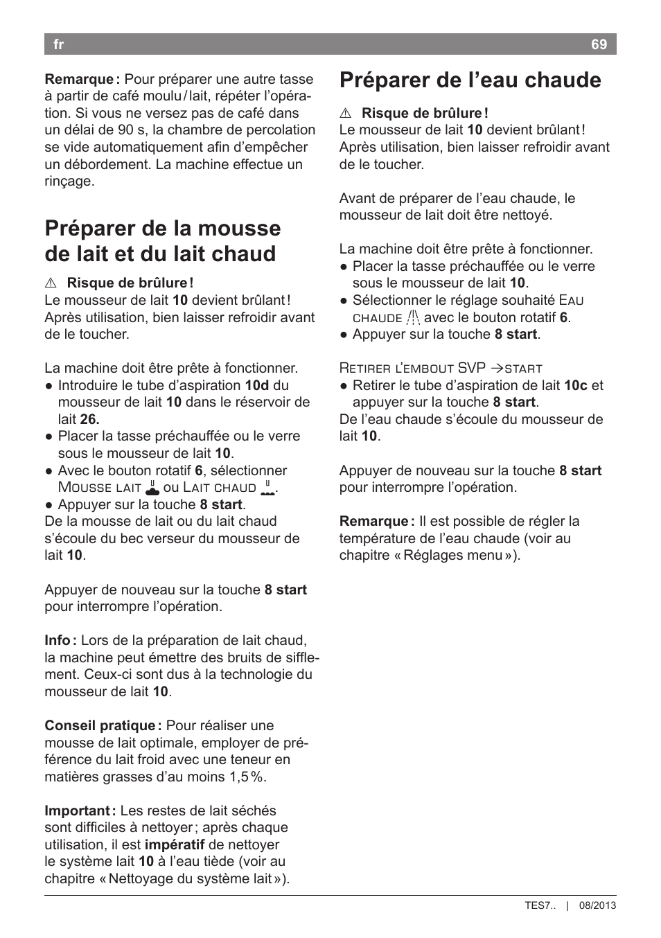 Préparer de la mousse de lait et du lait chaud, Préparer de l’eau chaude | Bosch TES71251DE VeroBar AromaPro 100 Kaffeevollautomat silber User Manual | Page 73 / 116