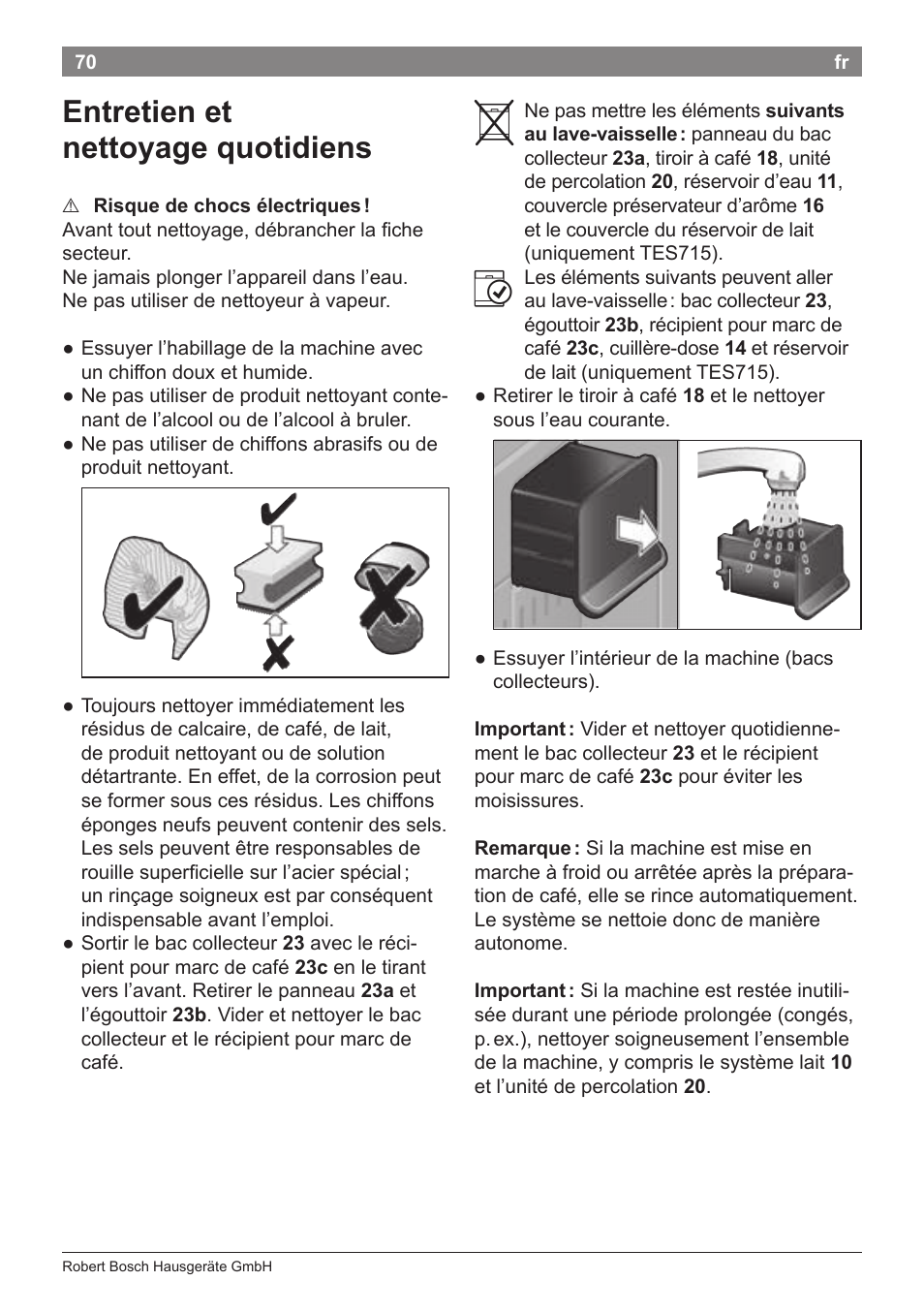 Entretien et nettoyage quotidiens | Bosch TES71251DE VeroBar AromaPro 100 Kaffeevollautomat silber User Manual | Page 74 / 116
