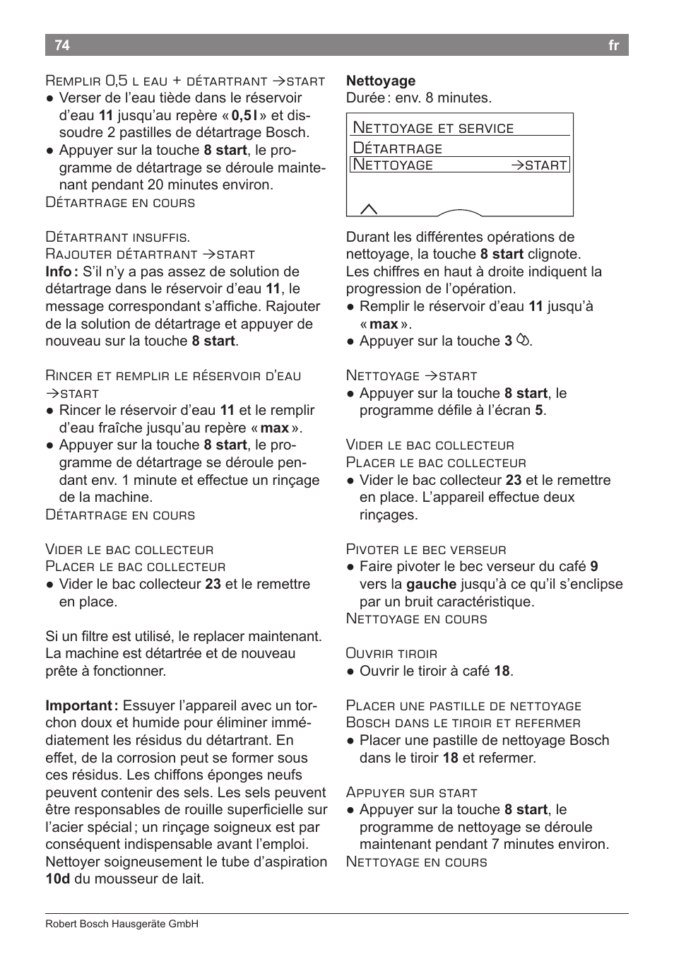 Nettoyage et service détartrage nettoyage, Start | Bosch TES71251DE VeroBar AromaPro 100 Kaffeevollautomat silber User Manual | Page 78 / 116