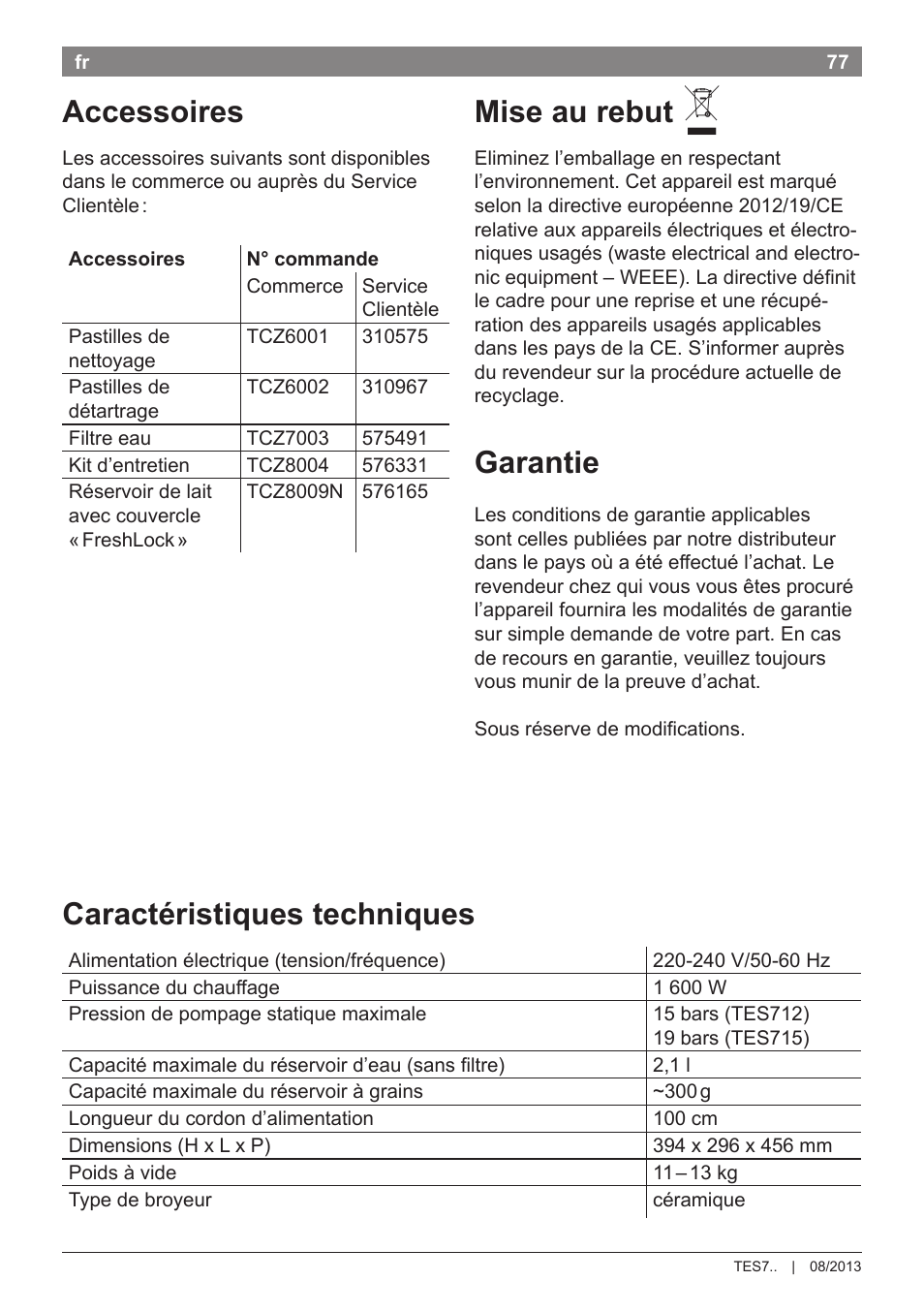 Accessoires, Mise au rebut, Garantie | Caractéristiques techniques | Bosch TES71251DE VeroBar AromaPro 100 Kaffeevollautomat silber User Manual | Page 81 / 116