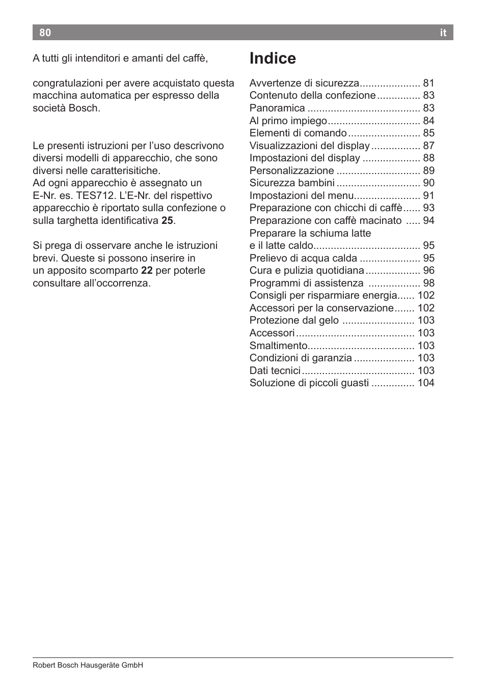 Indice | Bosch TES71251DE VeroBar AromaPro 100 Kaffeevollautomat silber User Manual | Page 84 / 116