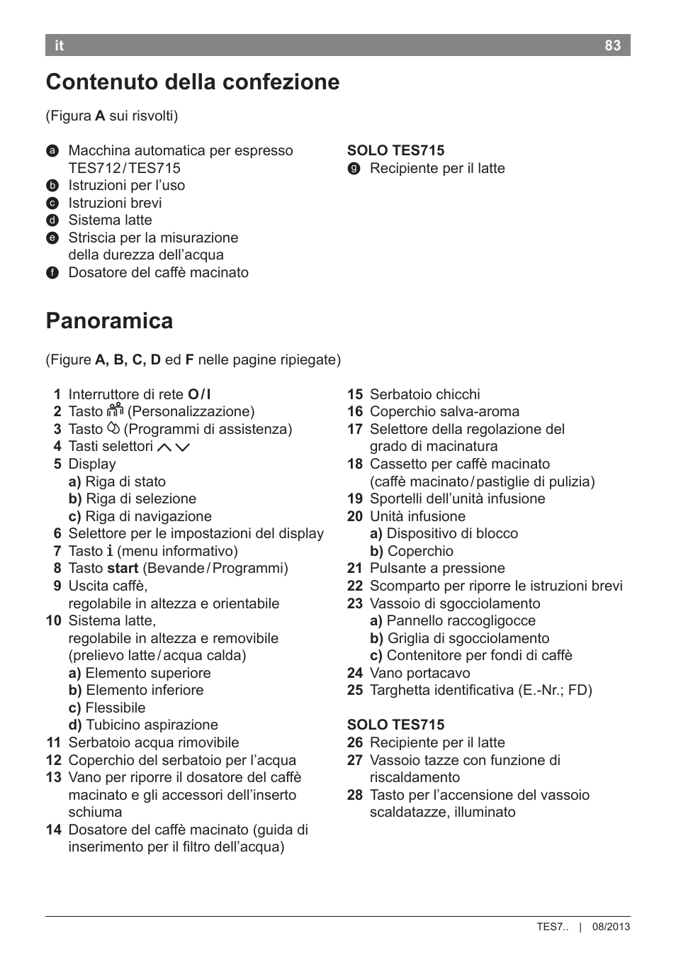 Panoramica, Contenuto della confezione | Bosch TES71251DE VeroBar AromaPro 100 Kaffeevollautomat silber User Manual | Page 87 / 116
