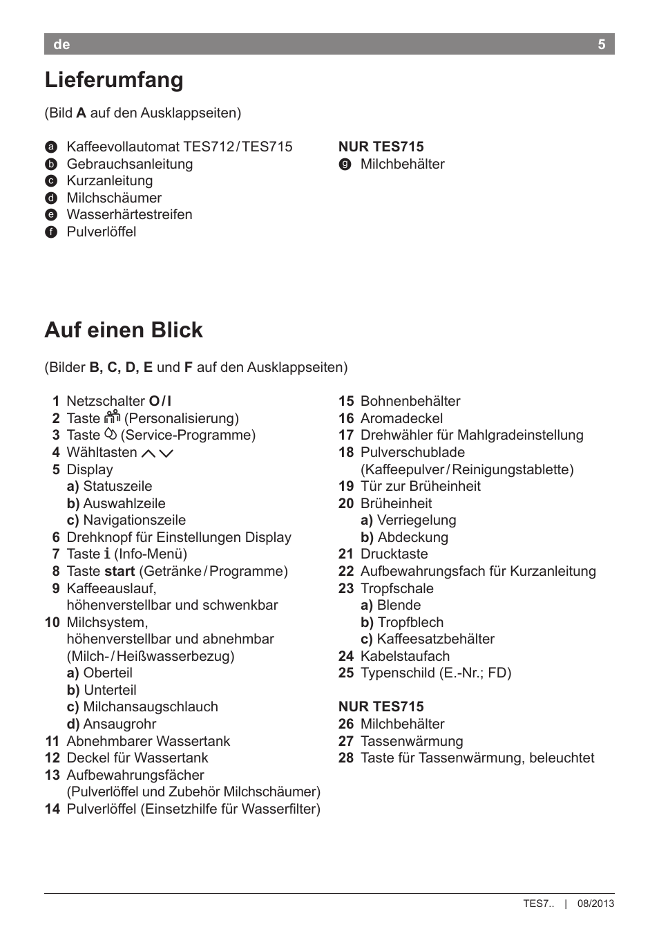 Auf einen blick, Lieferumfang | Bosch TES71251DE VeroBar AromaPro 100 Kaffeevollautomat silber User Manual | Page 9 / 116