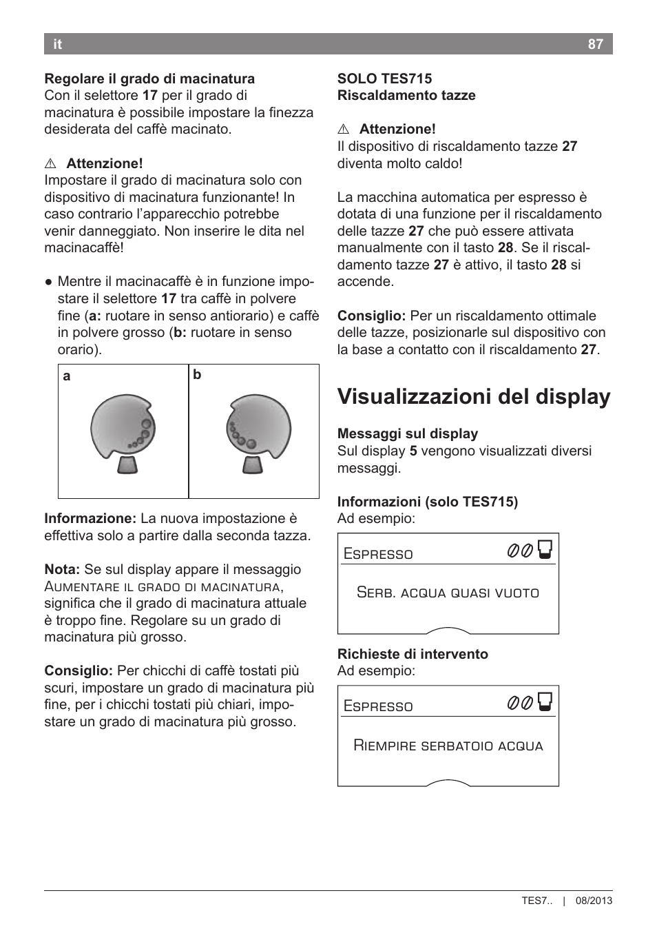 Visualizzazioni del display | Bosch TES71251DE VeroBar AromaPro 100 Kaffeevollautomat silber User Manual | Page 91 / 116
