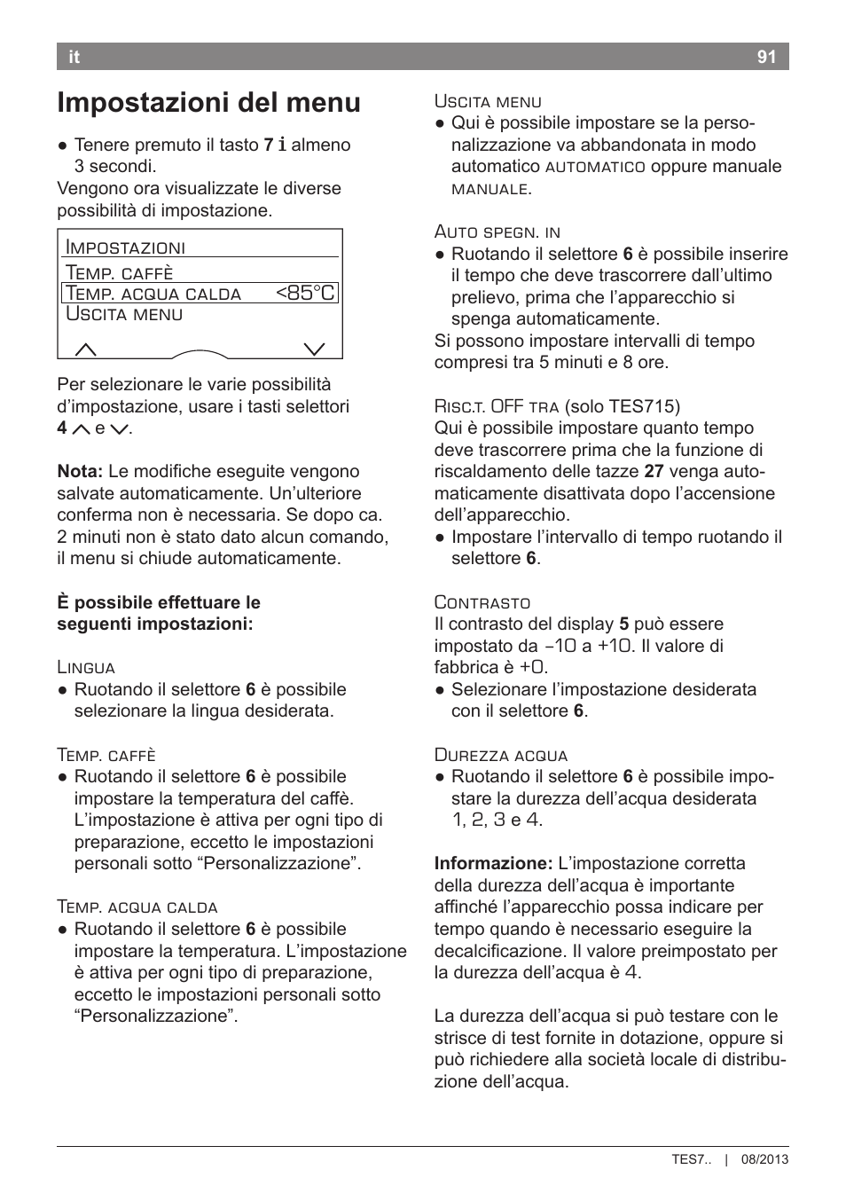 Impostazioni del menu | Bosch TES71251DE VeroBar AromaPro 100 Kaffeevollautomat silber User Manual | Page 95 / 116