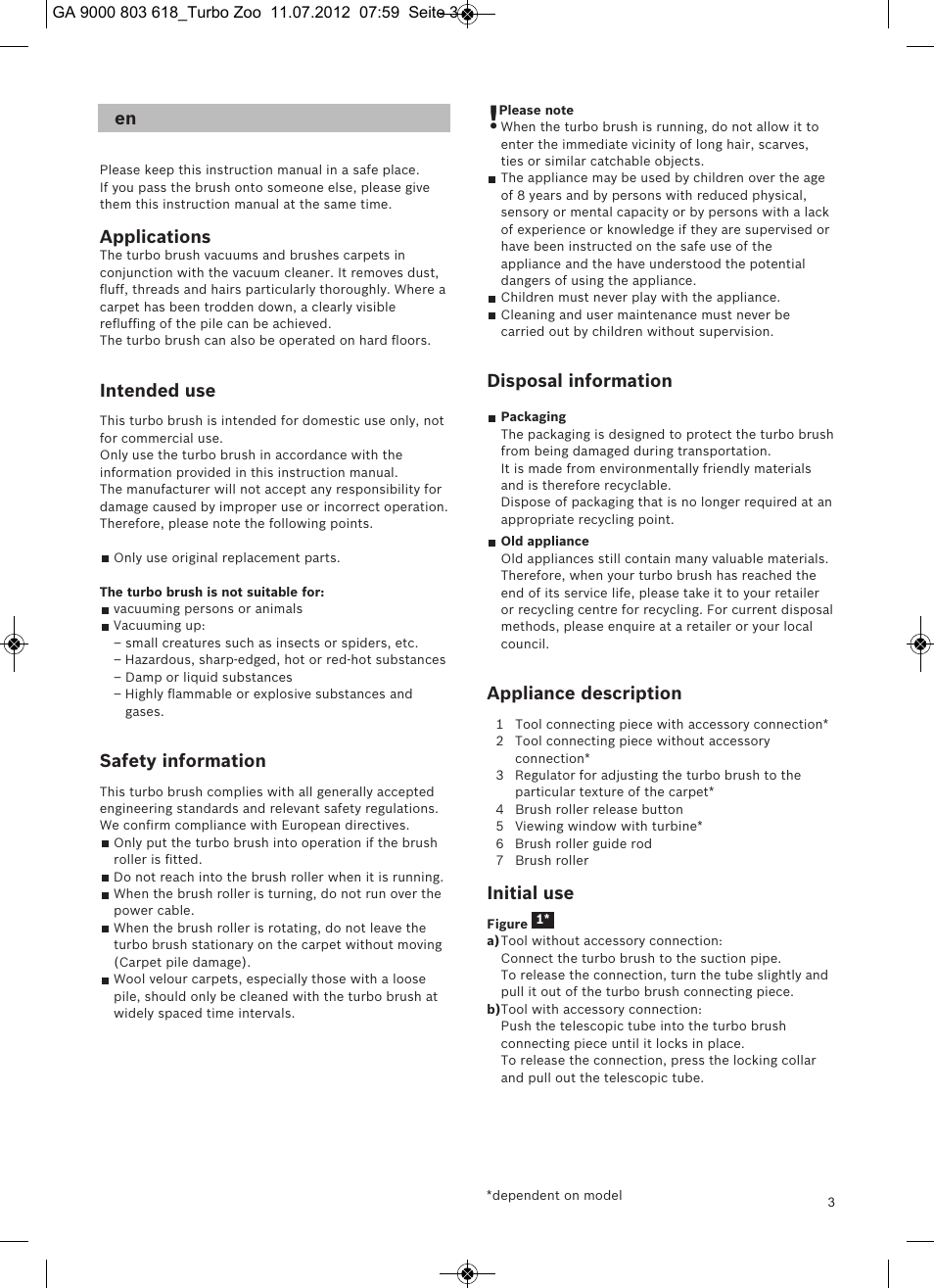 Applications, Intended use, Safety information | Disposal information, Appliance description, Initial use | Bosch Zooo ProAnimal Beutelloser Bodenstaubsauger BGS51842 tornadorot User Manual | Page 5 / 57