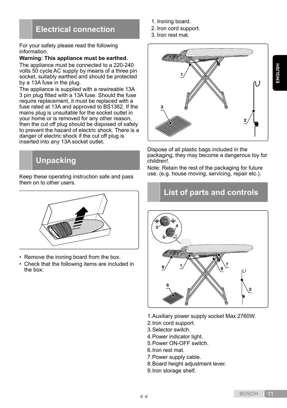 Electrical connection, Unpacking, List of parts and controls | Bosch Aktiv-Bügeltisch Sensixxx DN17 EditionRosso TDN1700P schwarz rot User Manual | Page 11 / 100