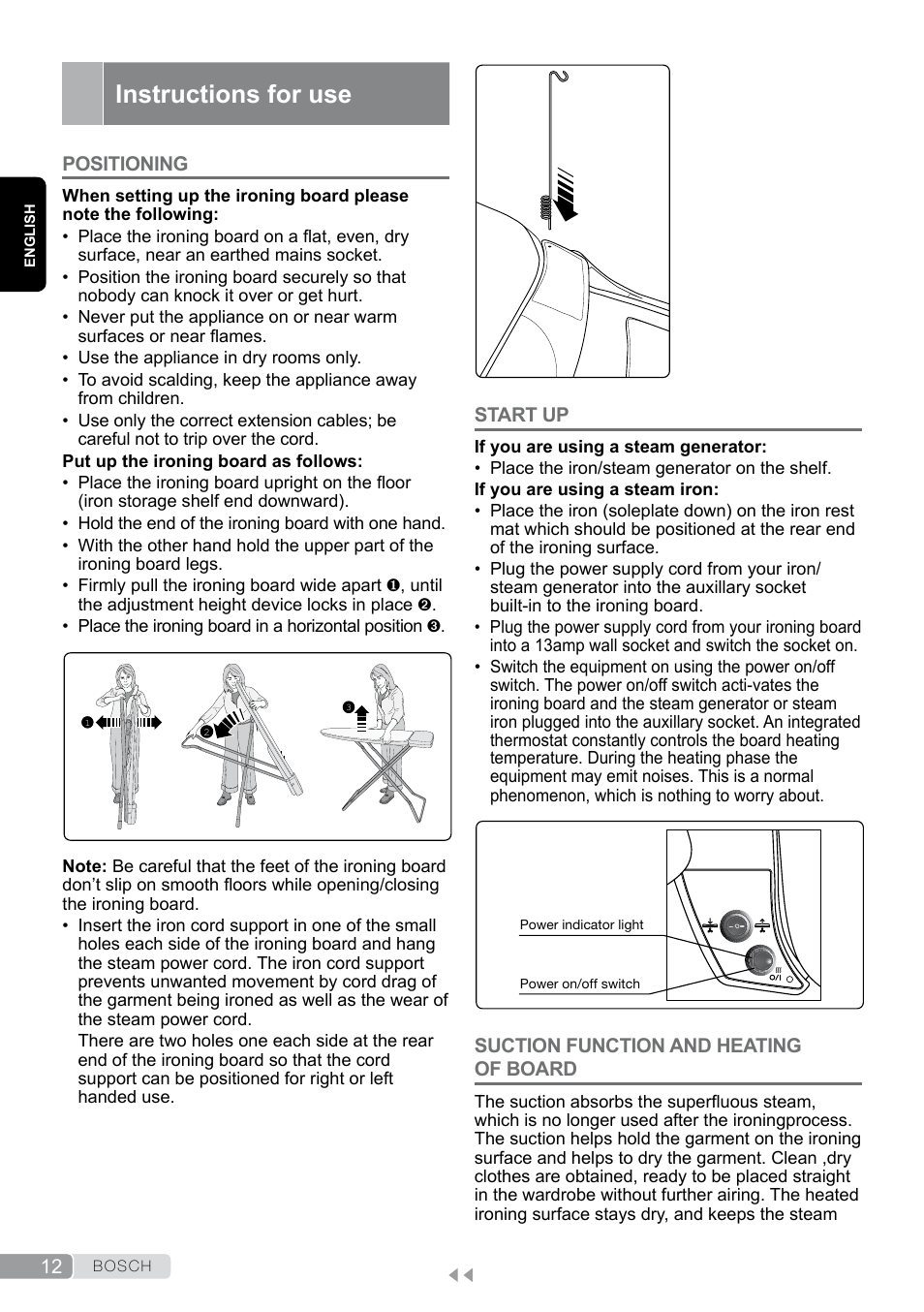 Instructions for use, Positioning, Start up | Suction function and heating of board | Bosch Aktiv-Bügeltisch Sensixxx DN17 EditionRosso TDN1700P schwarz rot User Manual | Page 12 / 100