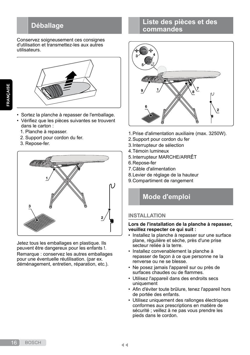 Déballage, Liste des pièces et des commandes, Mode d'emploi | Installation | Bosch Aktiv-Bügeltisch Sensixxx DN17 EditionRosso TDN1700P schwarz rot User Manual | Page 16 / 100