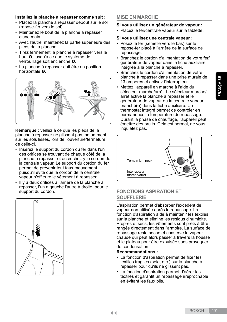 Mise en marche, Fonctions aspiration et soufflerie | Bosch Aktiv-Bügeltisch Sensixxx DN17 EditionRosso TDN1700P schwarz rot User Manual | Page 17 / 100