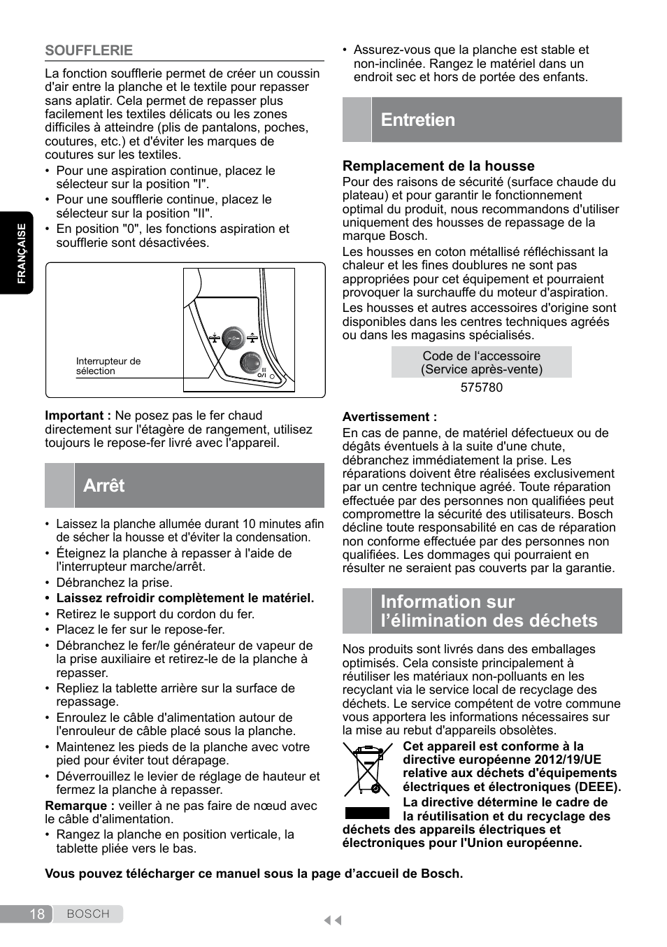 Soufflerie, Arrêt, Entretien | Information sur l’élimination des déchets | Bosch Aktiv-Bügeltisch Sensixxx DN17 EditionRosso TDN1700P schwarz rot User Manual | Page 18 / 100