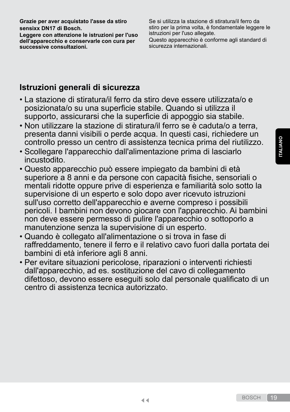 Italiano, Istruzioni generali di sicurezza | Bosch Aktiv-Bügeltisch Sensixxx DN17 EditionRosso TDN1700P schwarz rot User Manual | Page 19 / 100