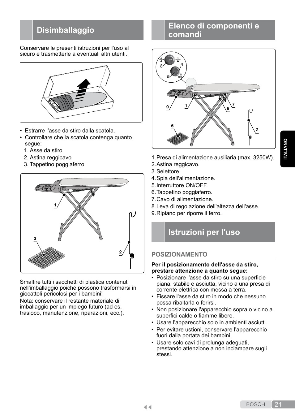 Disimballaggio, Elenco di componenti e comandi, Istruzioni per l'uso | Posizionamento | Bosch Aktiv-Bügeltisch Sensixxx DN17 EditionRosso TDN1700P schwarz rot User Manual | Page 21 / 100