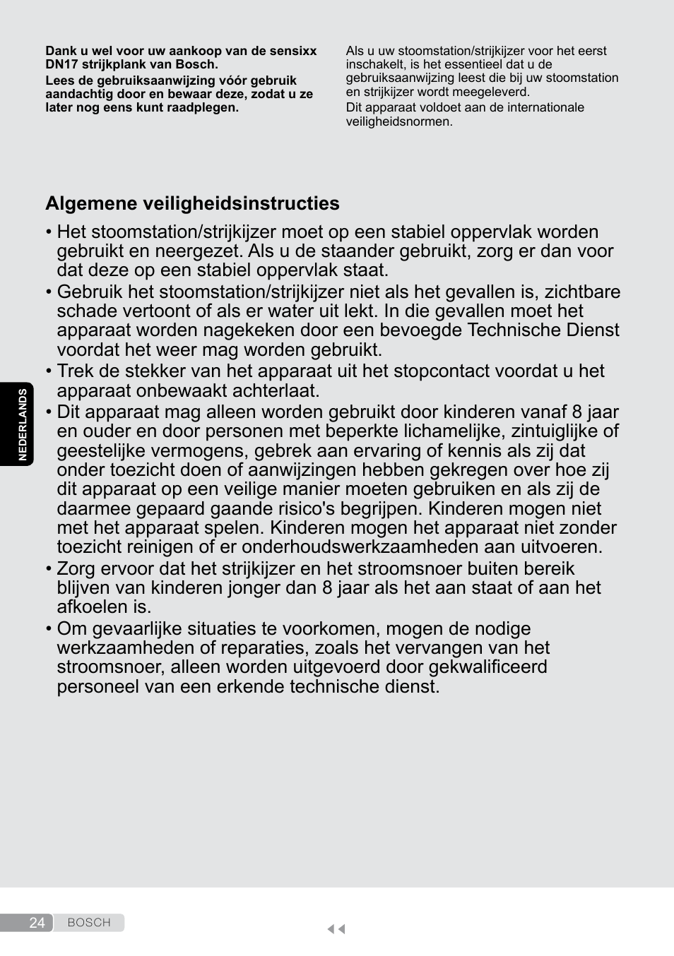 Nederlands, Algemene veiligheidsinstructies | Bosch Aktiv-Bügeltisch Sensixxx DN17 EditionRosso TDN1700P schwarz rot User Manual | Page 24 / 100